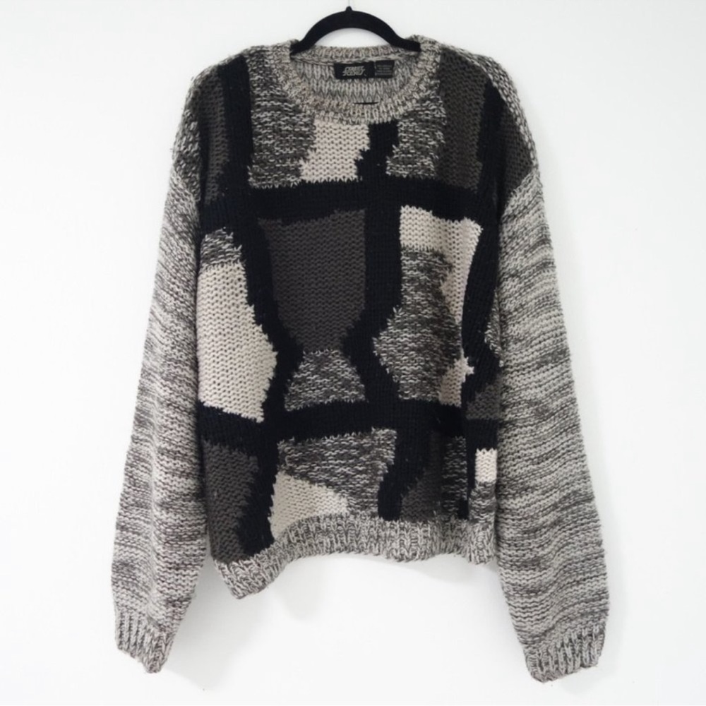 Vintage street Scenes acrylic color block grey, black & white knit sweater, SZ L